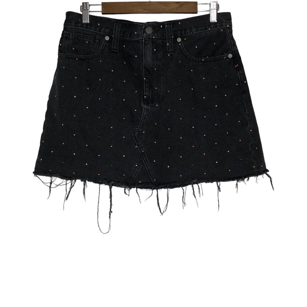 Madewell Black Polka Dot Embroidered Rigid Denim A-Line Skirt Size 30